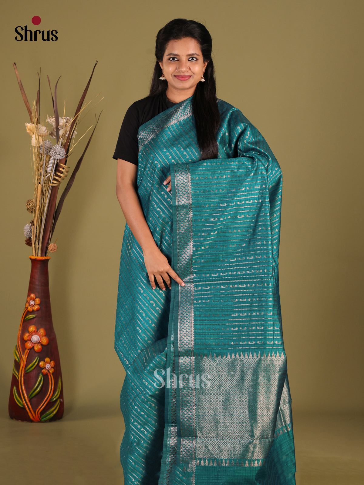 Green - Semi Jute Saree - Shop on Shrus.com