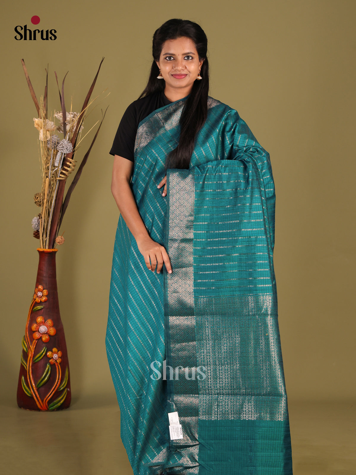 Green - Semi Jute Saree - Shop on Shrus.com