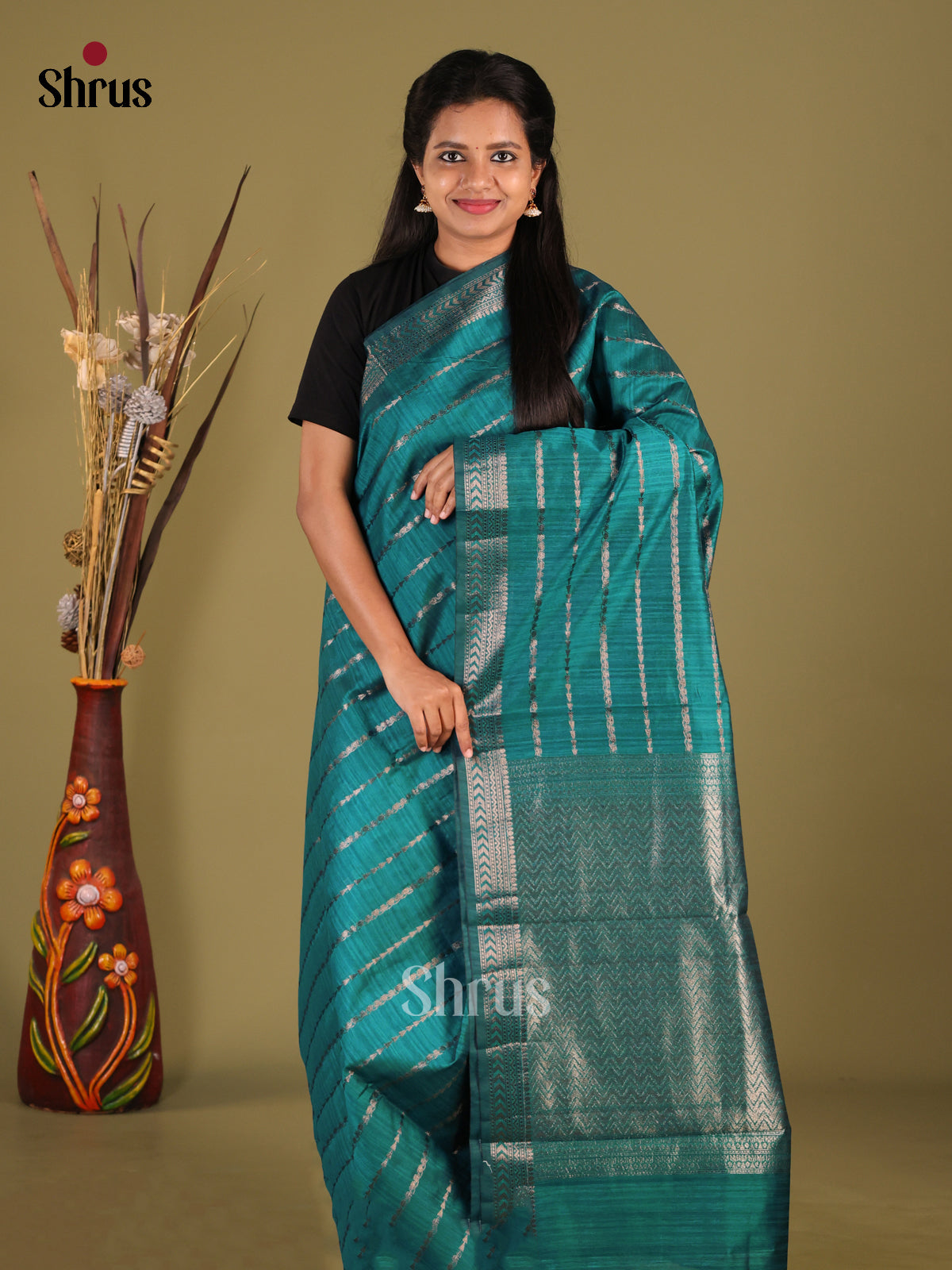 Green - Semi Jute Saree - Shop on Shrus.com