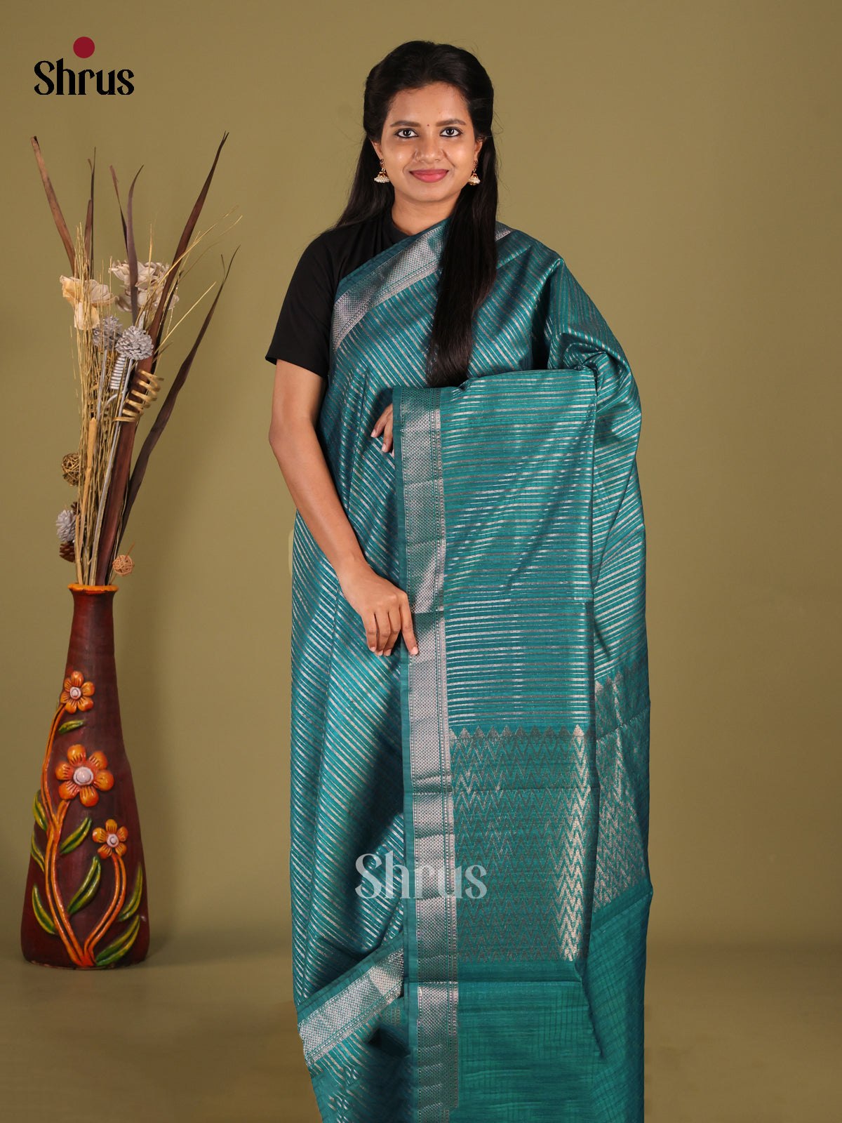 Green - Semi Jute Saree - Shop on Shrus.com