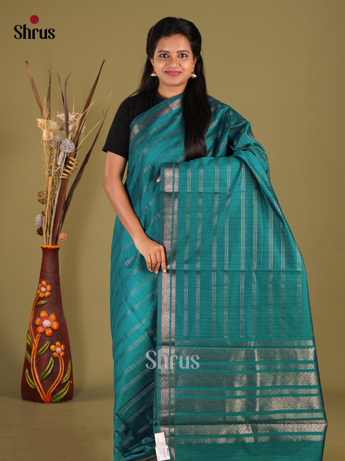 Green - Semi Jute Saree - Shop on Shrus.com