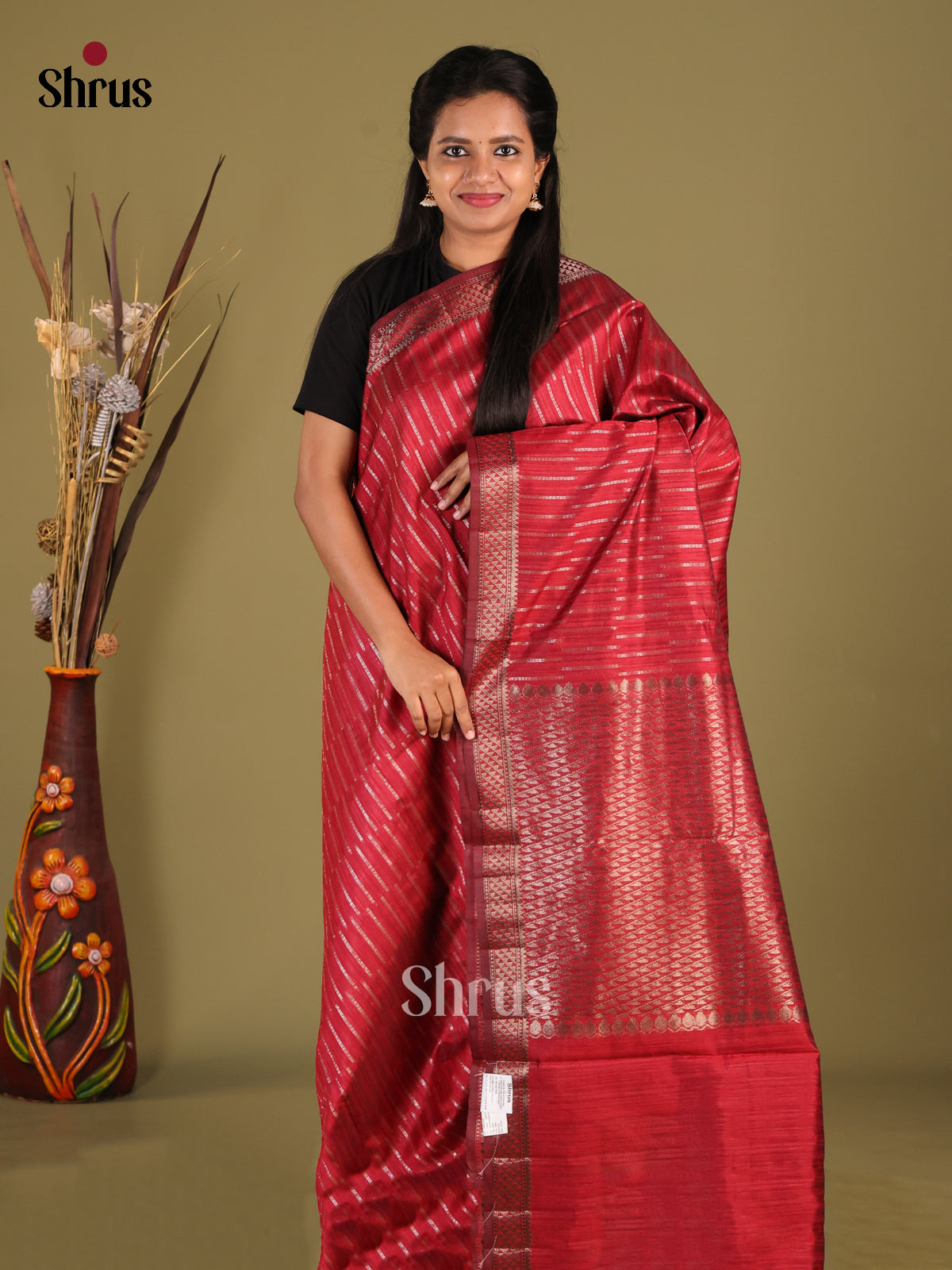 Maroon - Semi Jute Saree - Shop on Shrus.com