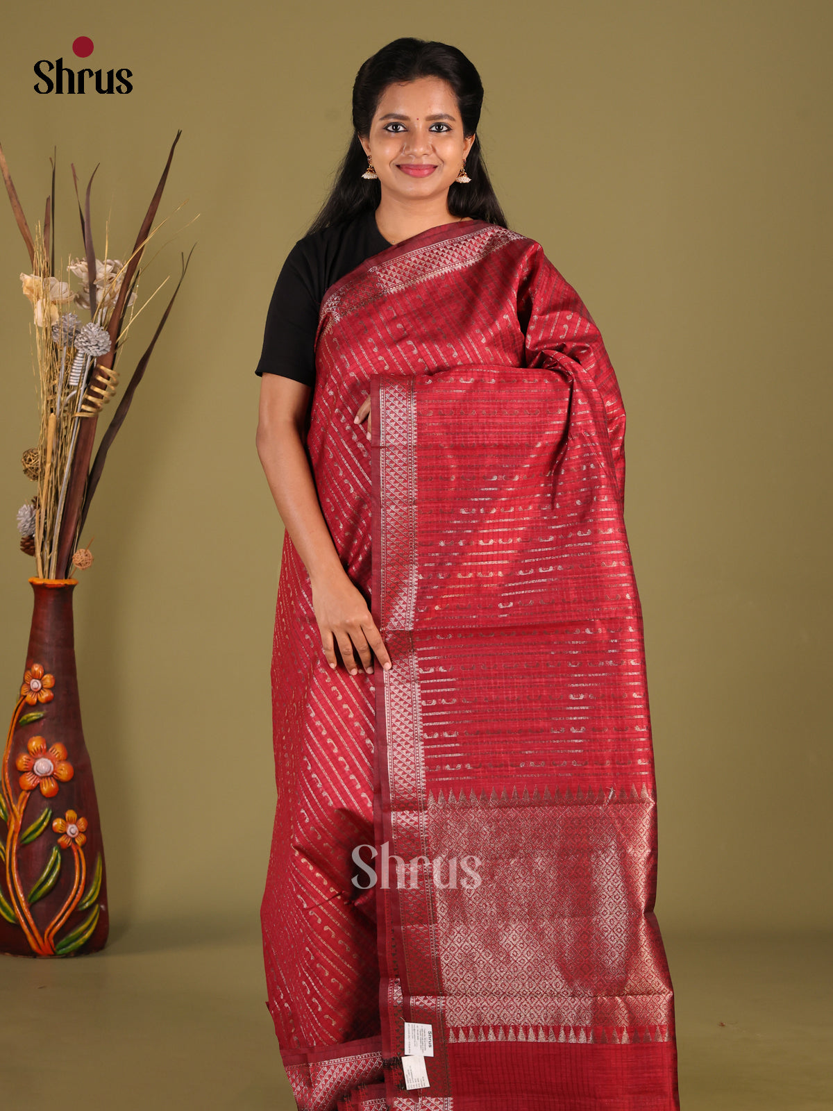 Maroon - Semi Jute Saree - Shop on Shrus.com
