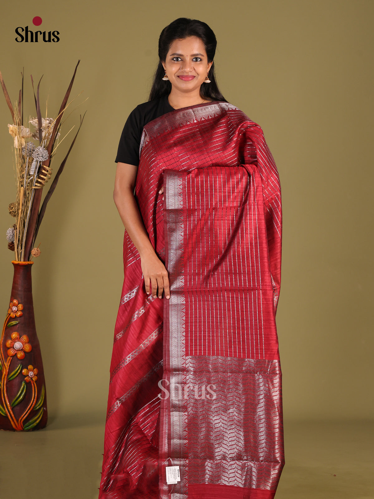 Maroon - Semi Jute Saree - Shop on Shrus.com