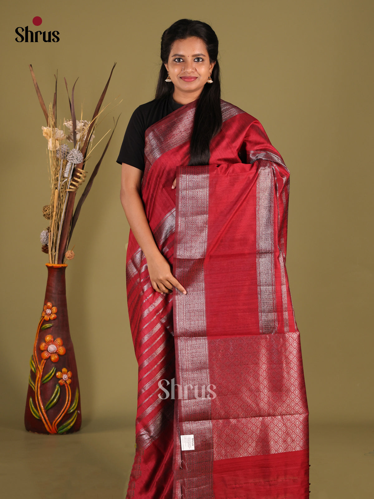 Maroon - Semi Jute Saree - Shop on Shrus.com