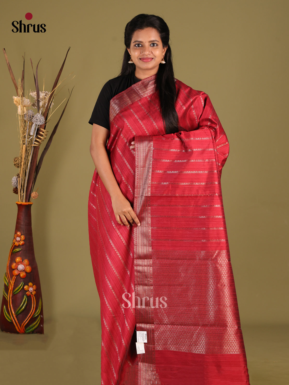 Maroon- Semi Jute Saree - Shop on Shrus.com