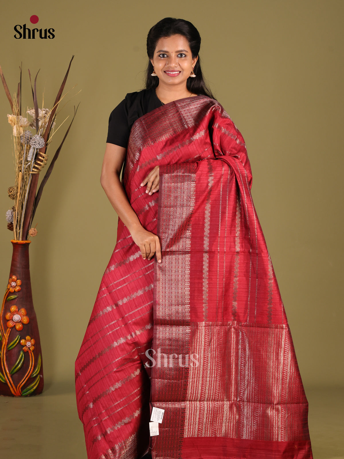 Maroon - Semi Jute Saree - Shop on Shrus.com