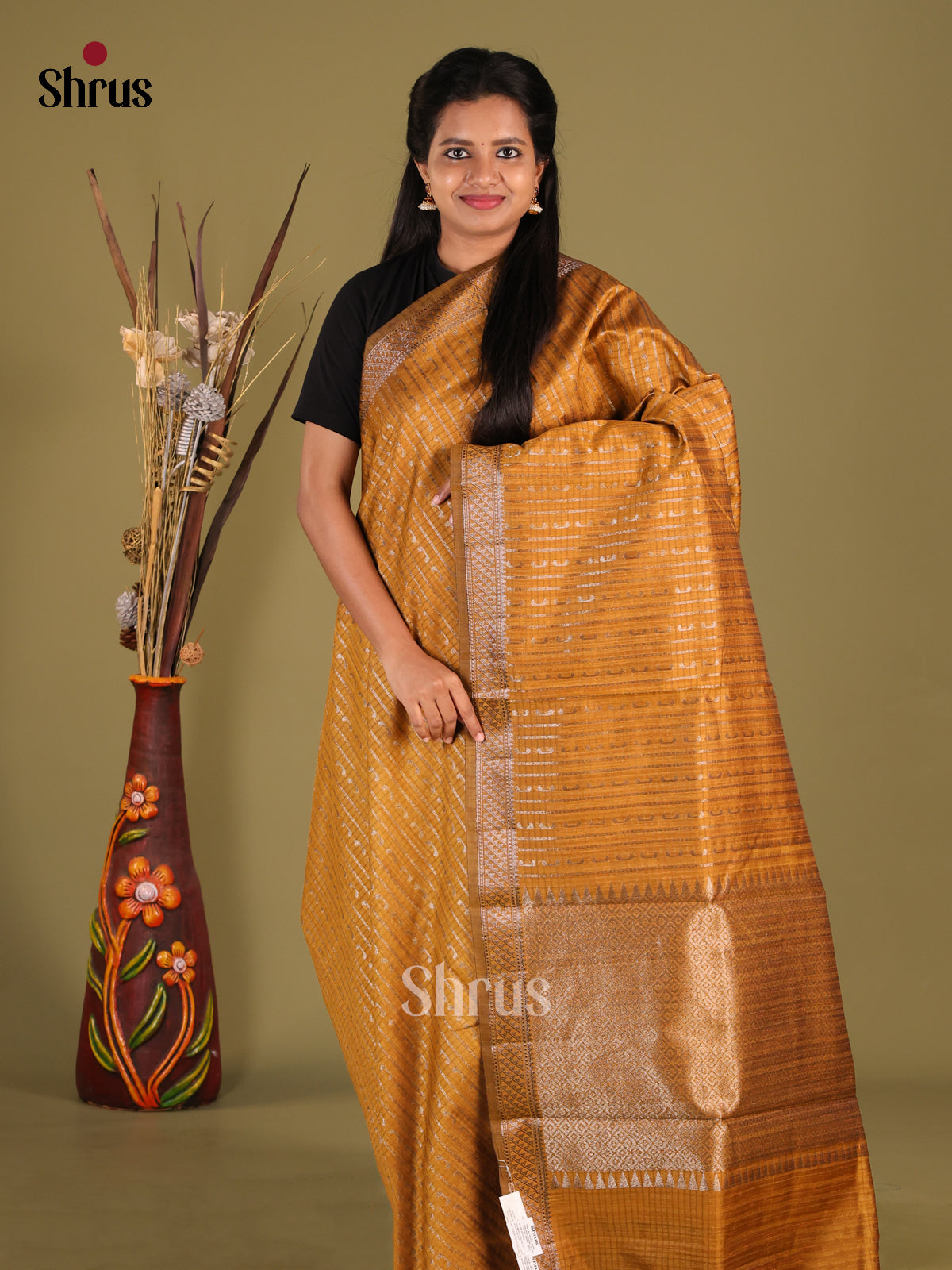 Mustard- Semi Jute Saree - Shop on Shrus.com