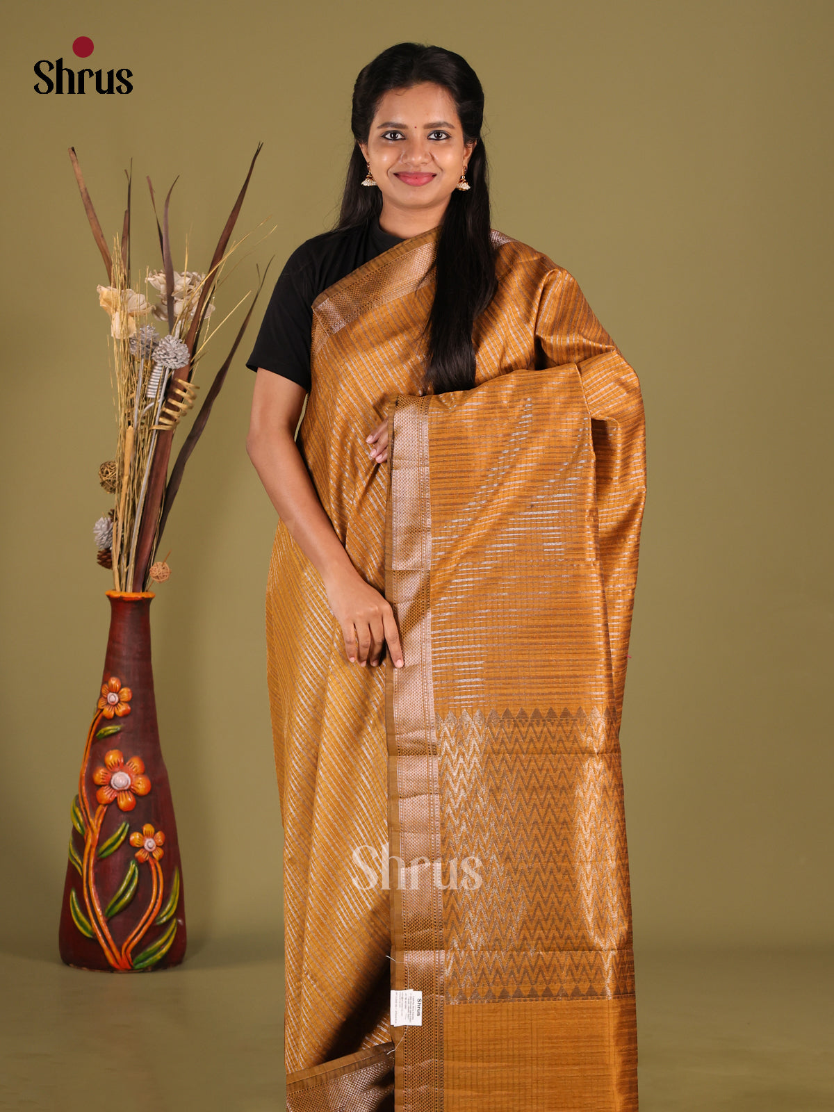 Mustard- Semi Jute Saree - Shop on Shrus.com
