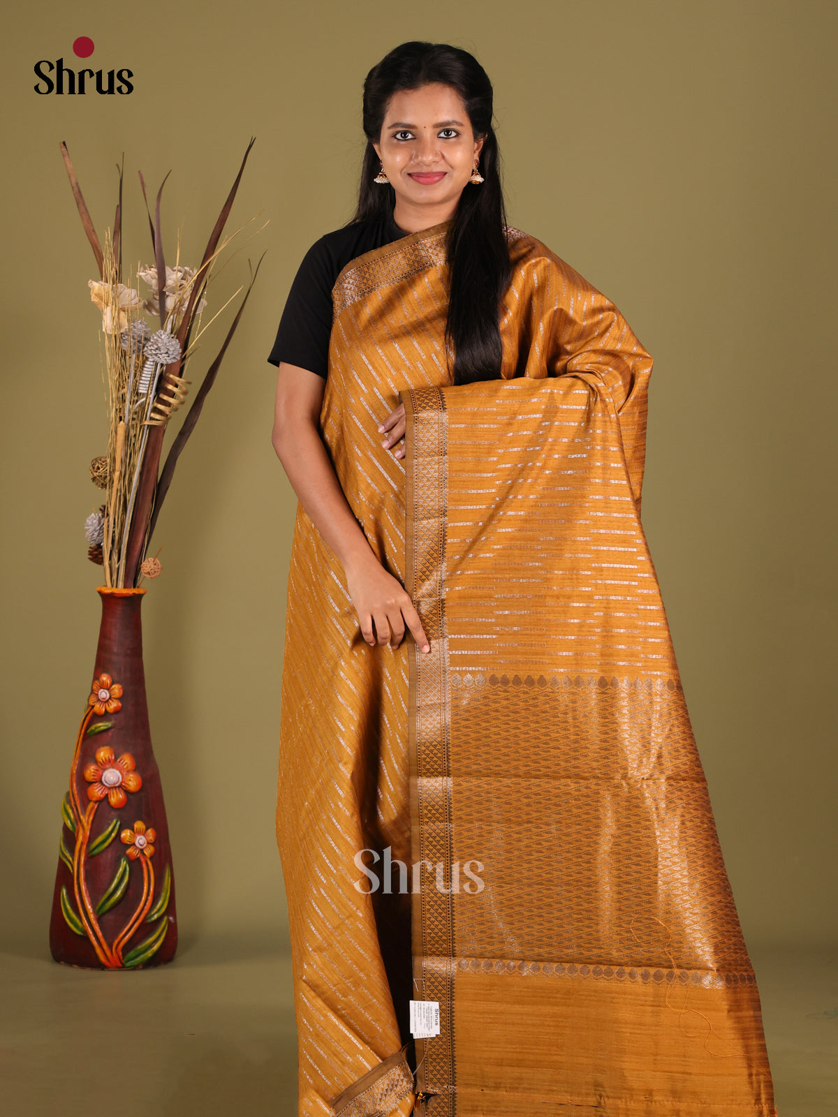 Mustard - Semi Jute Saree - Shop on Shrus.com