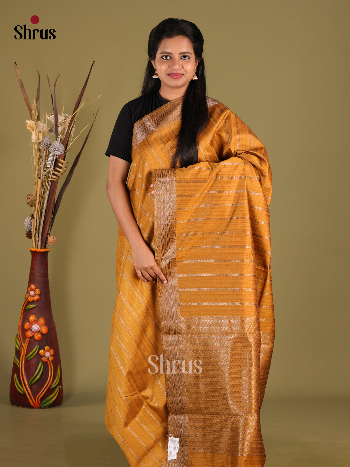 Mustard - Semi Jute Saree - Shop on Shrus.com