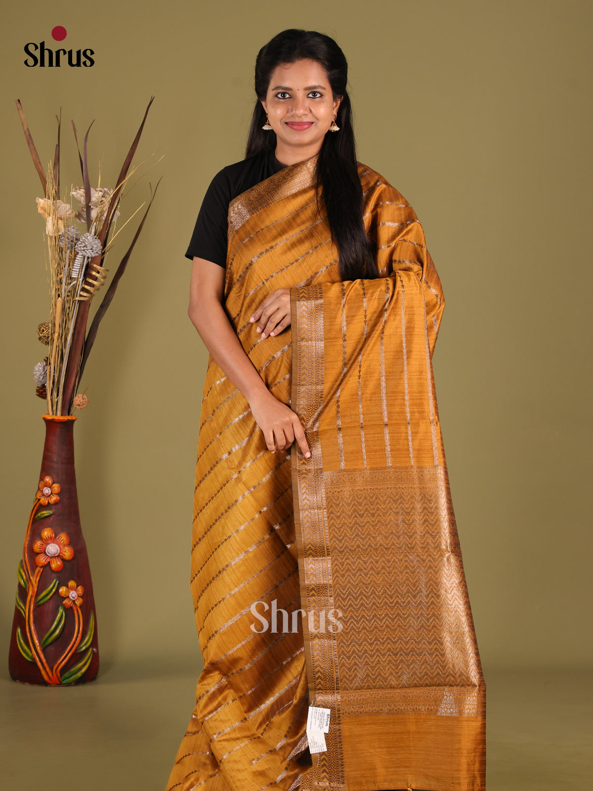 Mustard - Semi Jute Saree - Shop on Shrus.com