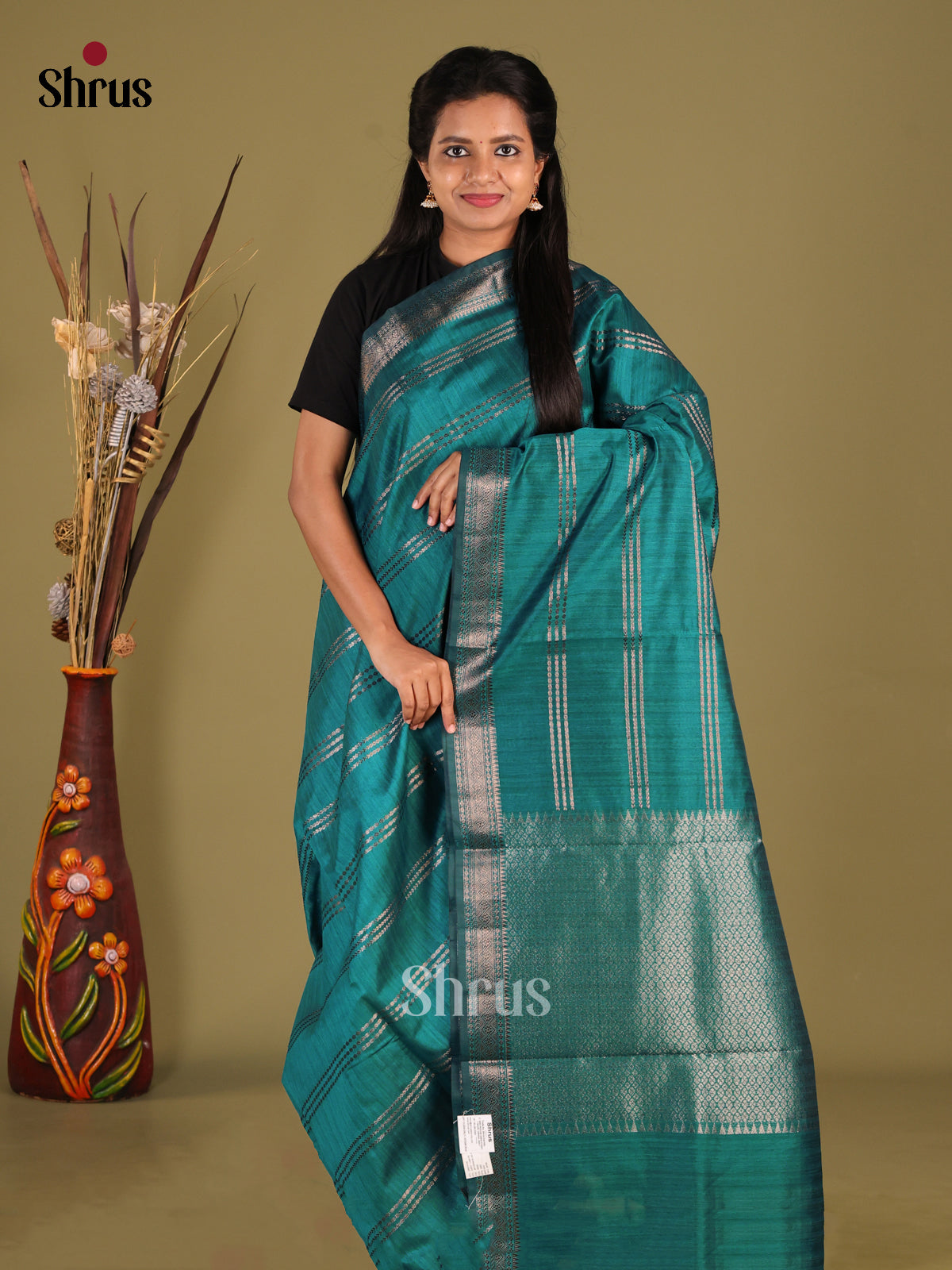 Green - Semi Jute Saree - Shop on Shrus.com