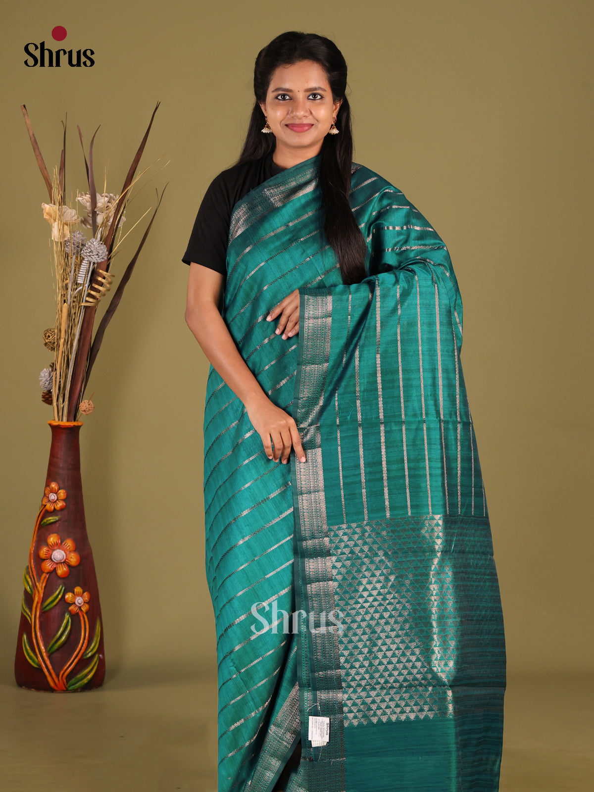 Green - Semi Jute Saree - Shop on Shrus.com