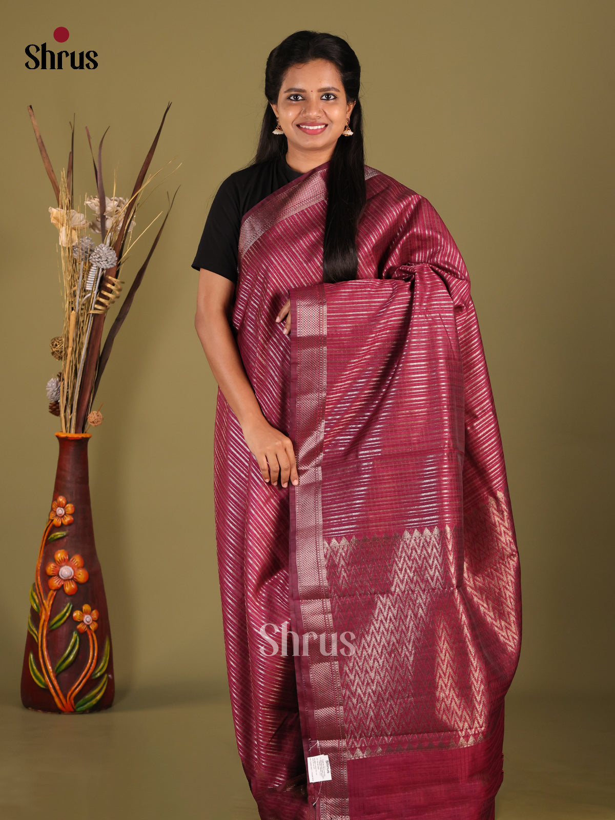 Maroon - Semi Jute Saree - Shop on Shrus.com