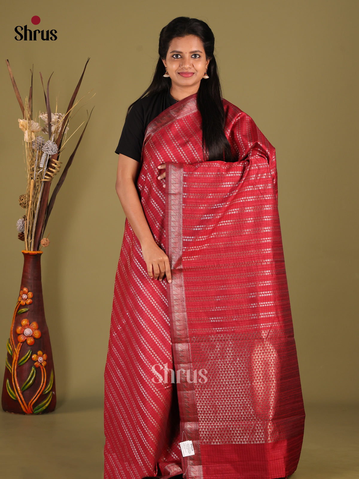 Maroon - Semi Jute Saree - Shop on Shrus.com