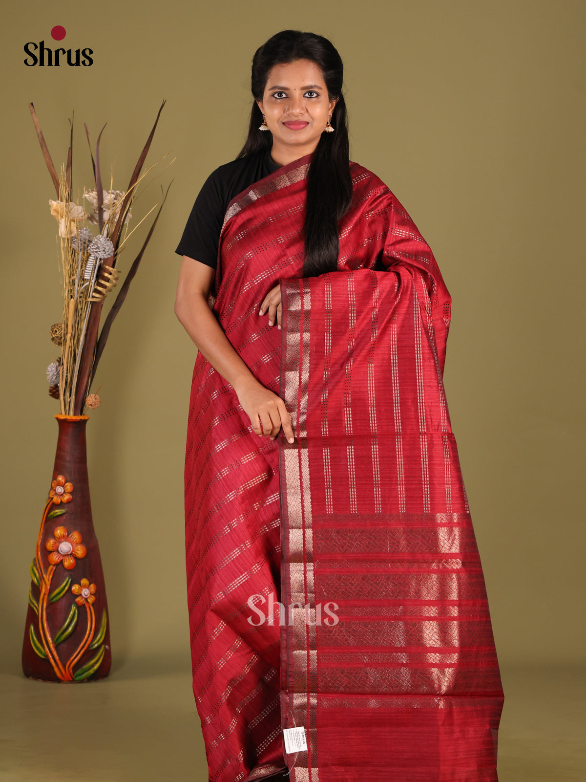 Maroon - Semi Jute Saree - Shop on Shrus.com