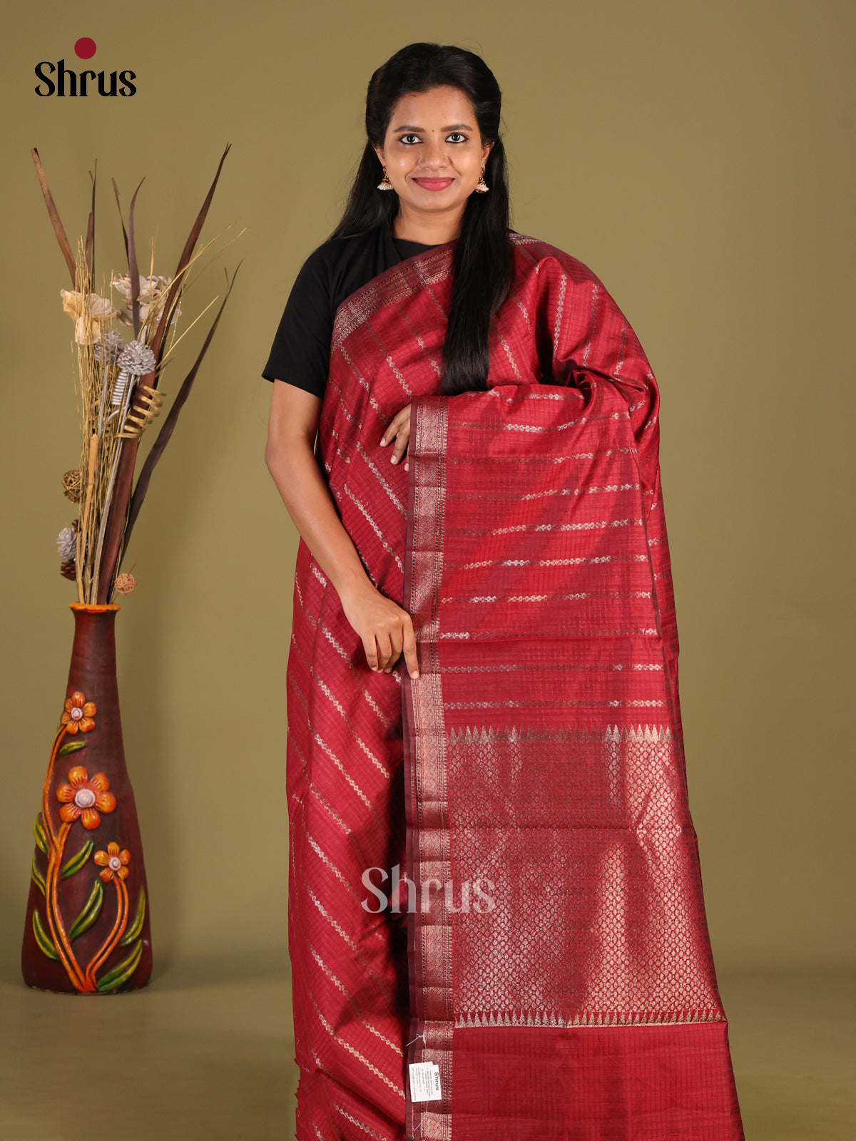 Maroon- Semi Jute Saree - Shop on Shrus.com