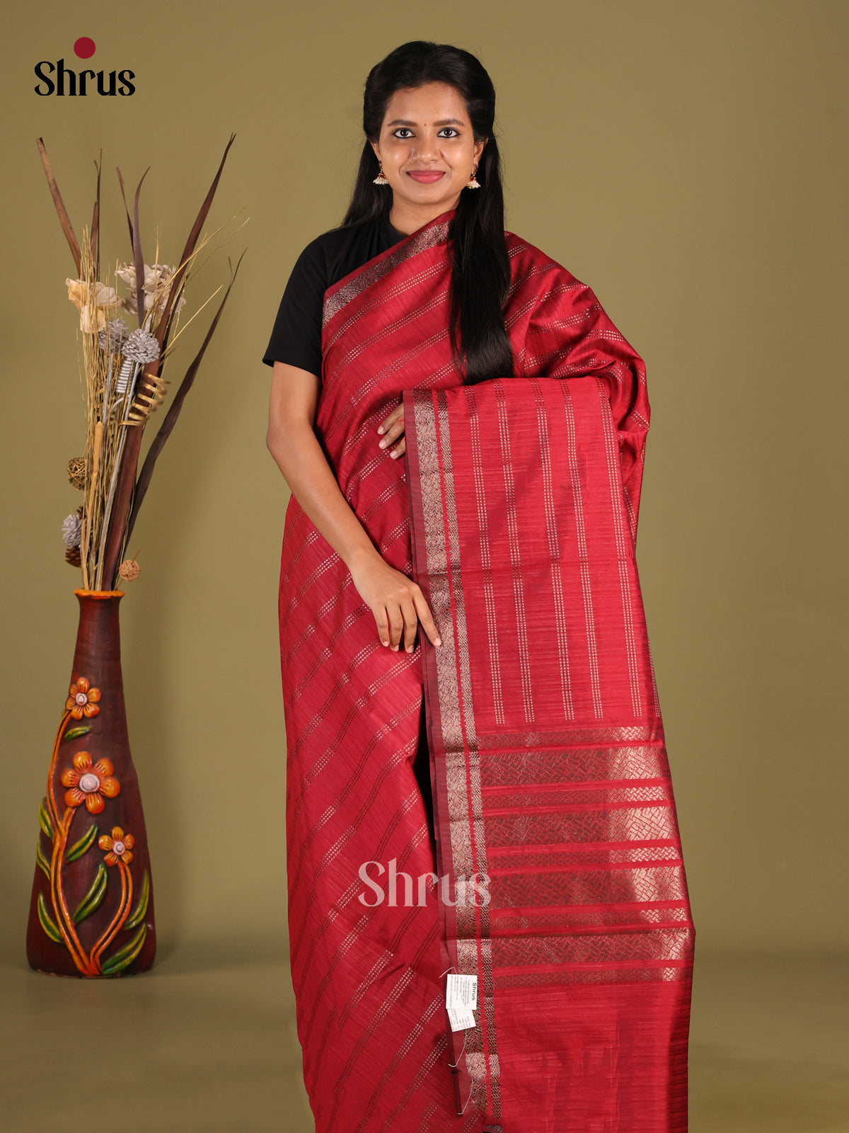Maroon - Semi Jute Saree - Shop on Shrus.com