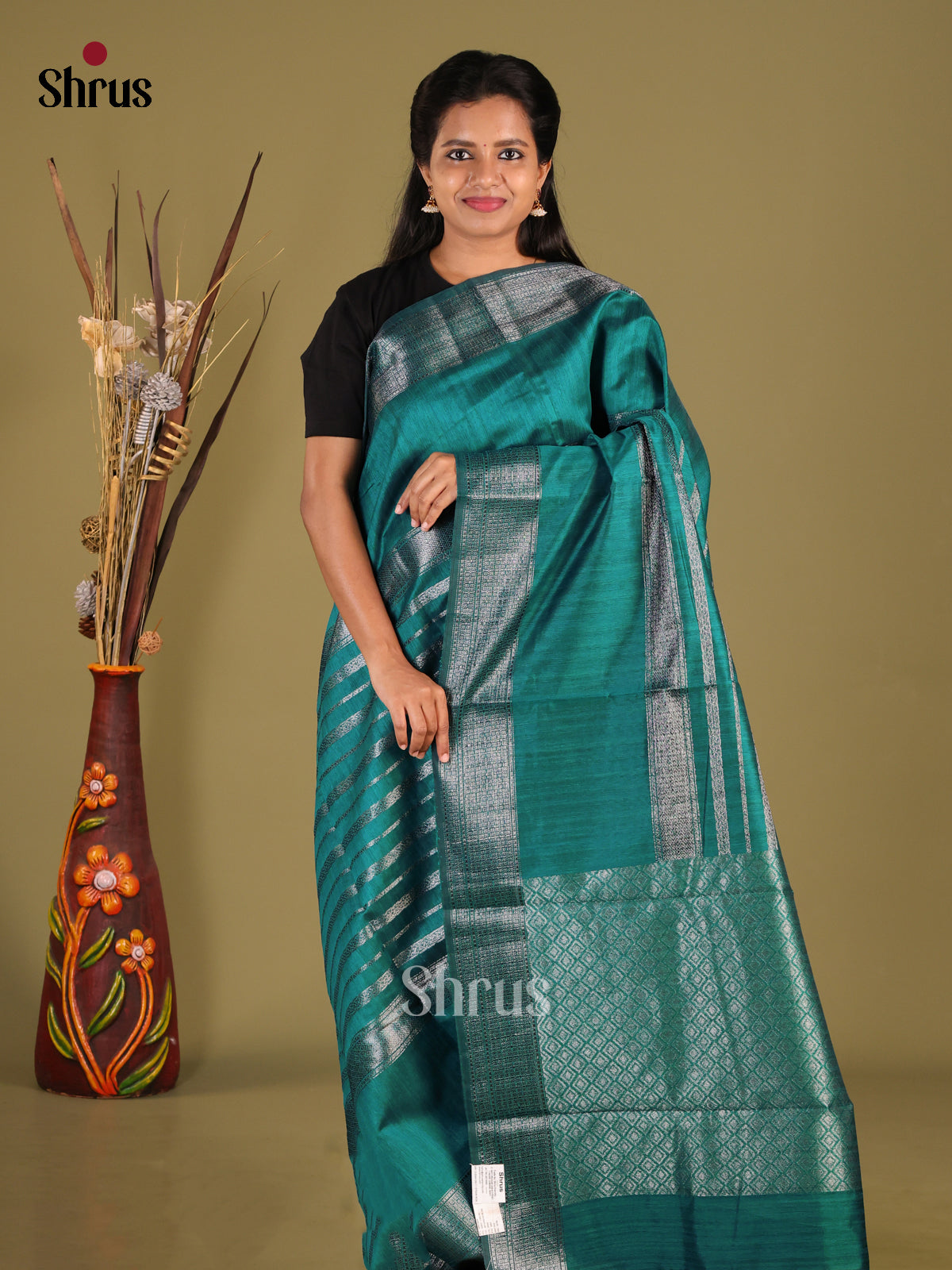 Green - Semi Jute Saree - Shop on Shrus.com