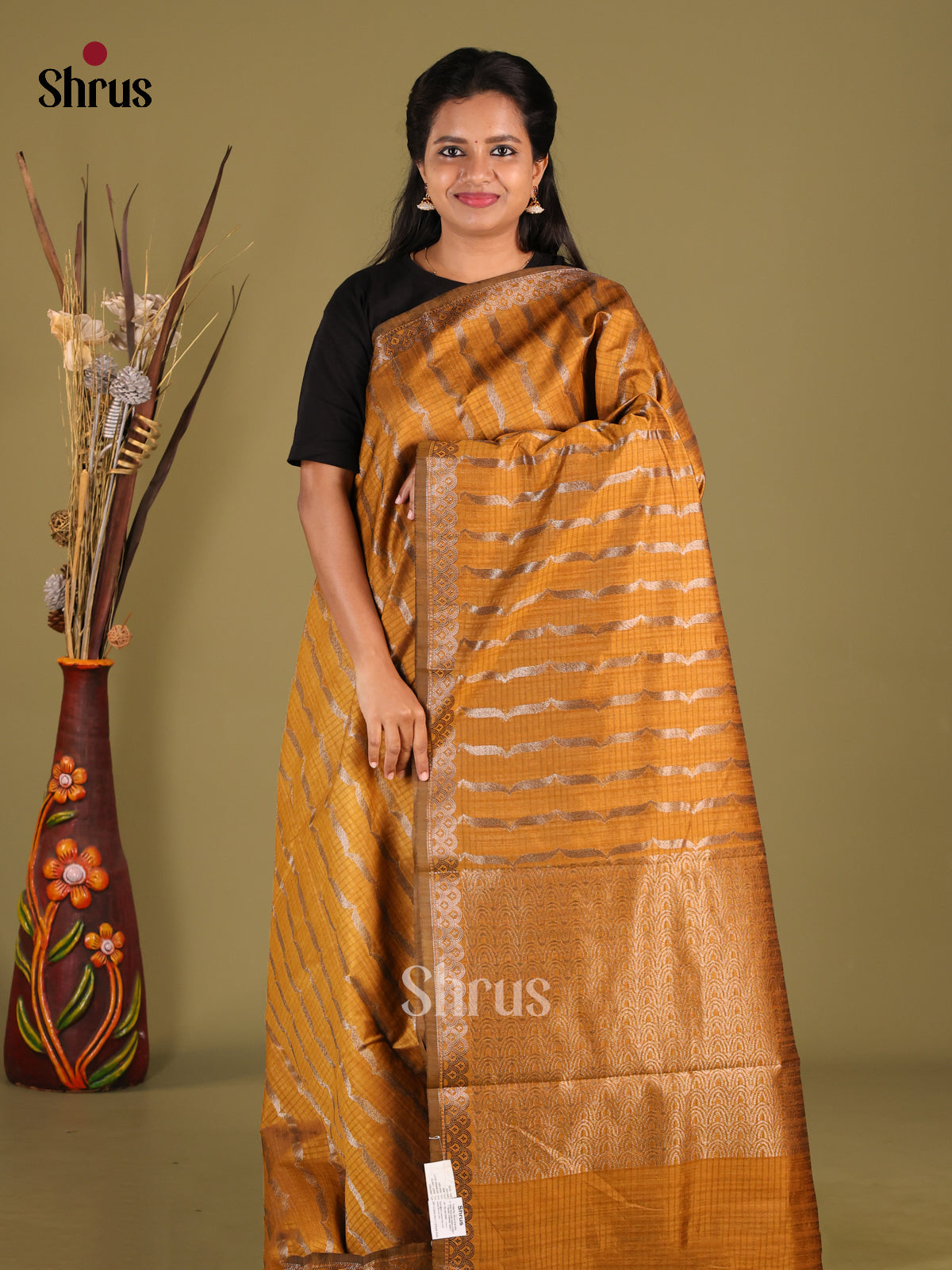 Mustard - Semi Jute Saree - Shop on Shrus.com