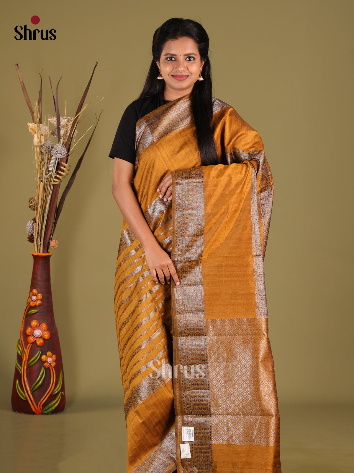Dark Mustard- Semi Jute Saree - Shop on Shrus.com