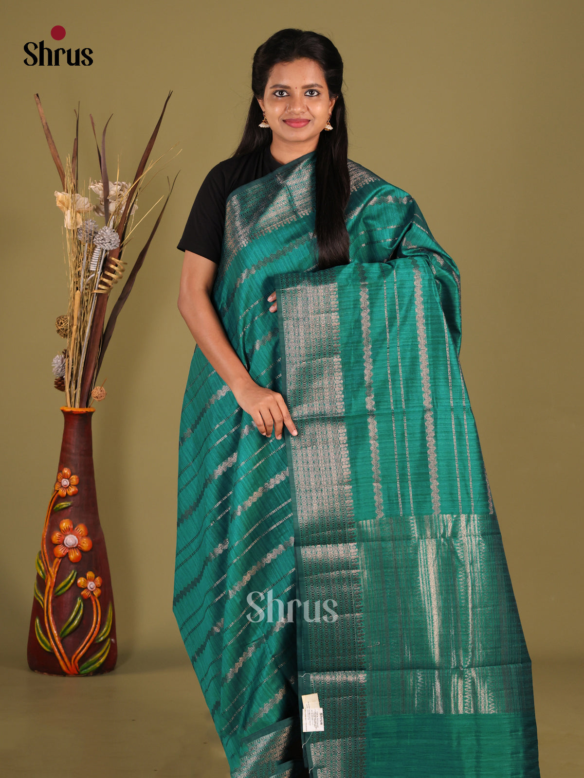 Green - Semi Jute Saree - Shop on Shrus.com