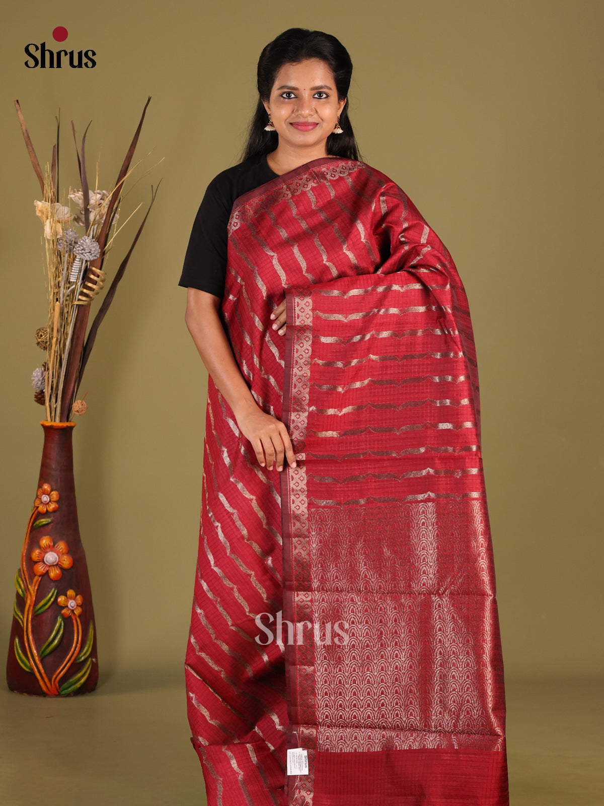 Maroon - Semi Jute Saree - Shop on Shrus.com