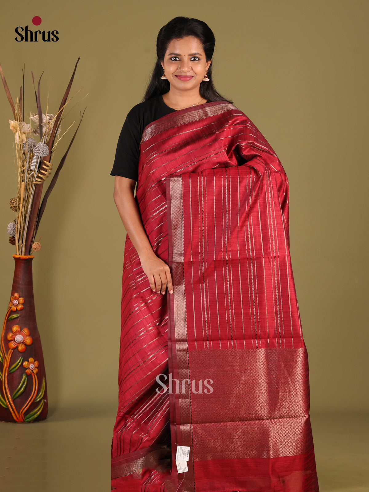 Maroon - Semi Jute Saree - Shop on Shrus.com