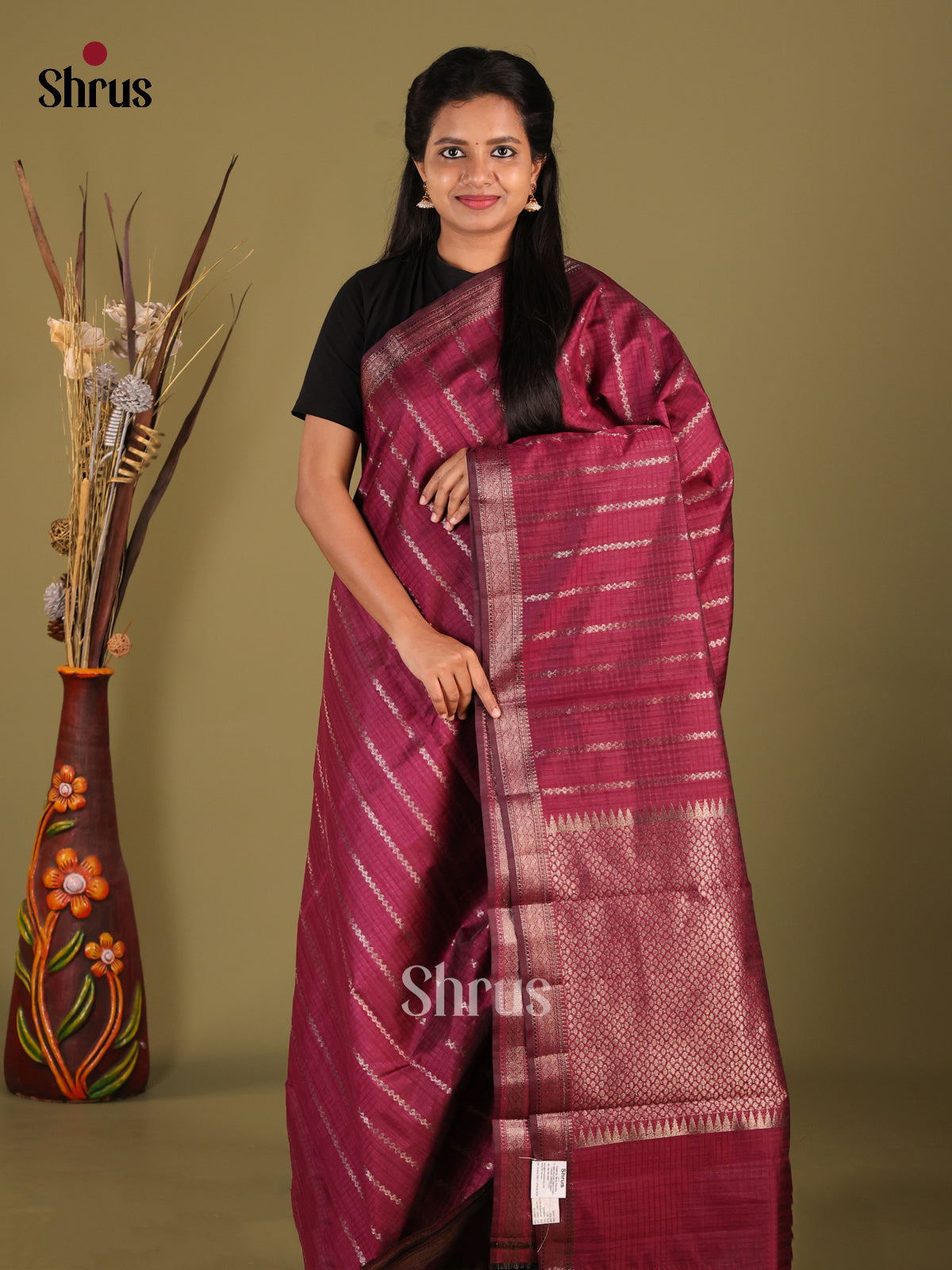 Maroon - Semi Jute Saree - Shop on Shrus.com