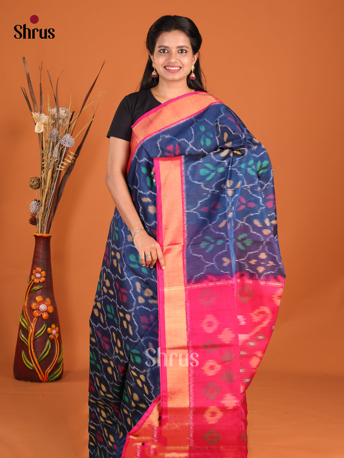 Exquisite Blue Pochampally Silk Cotton Saree with Pink Floral Ikat Pallu - Shop on Shrus.com
