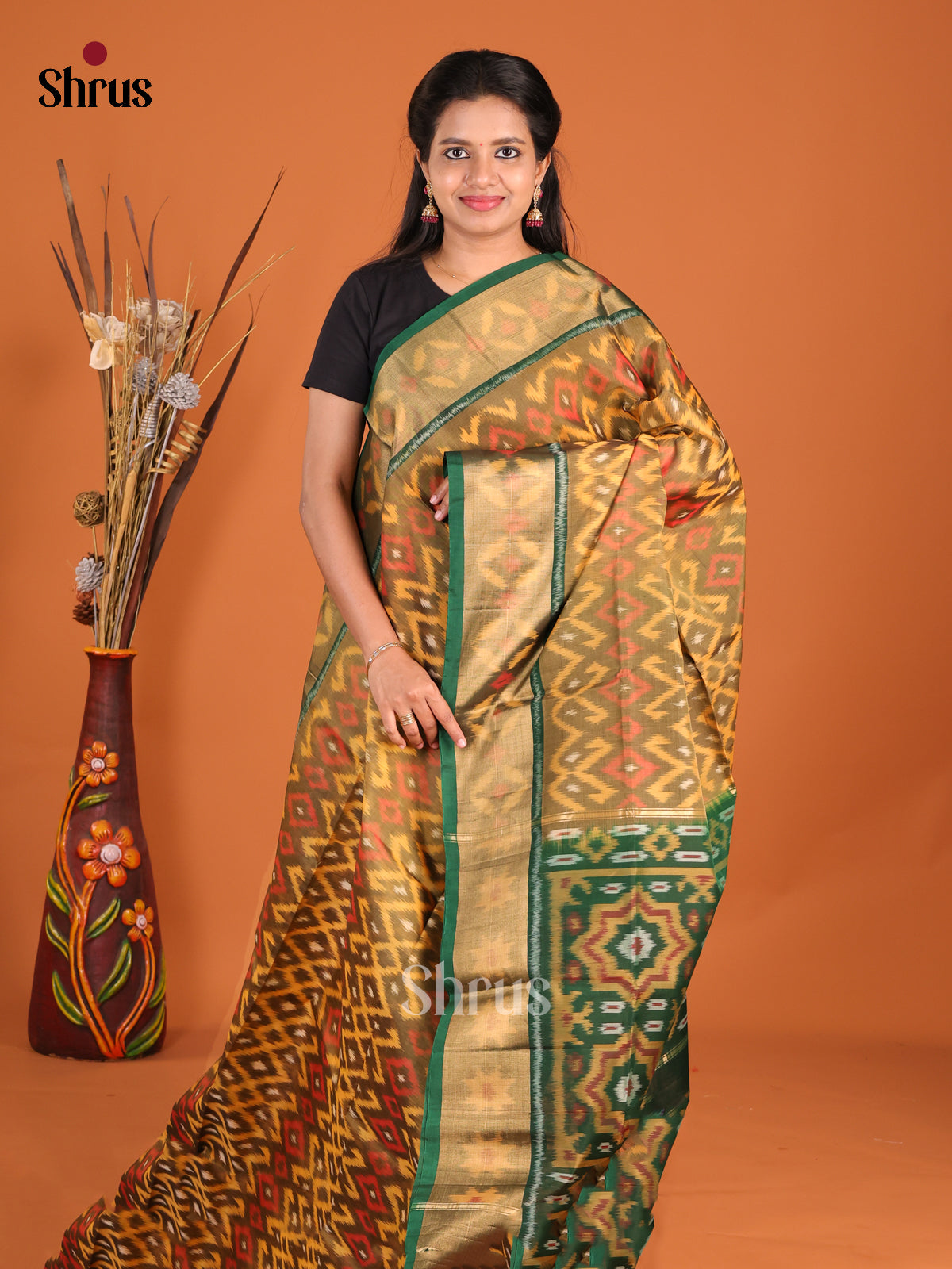 Timeless Mustard Pochampally Silk Cotton Saree with Ikat Print & Green Floral Pallu