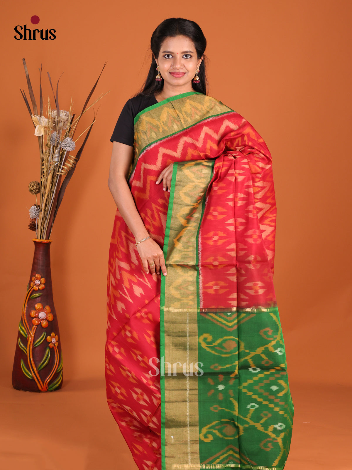 Exquisite Red Pochampally Silk Cotton Saree with Green Ikkat Border