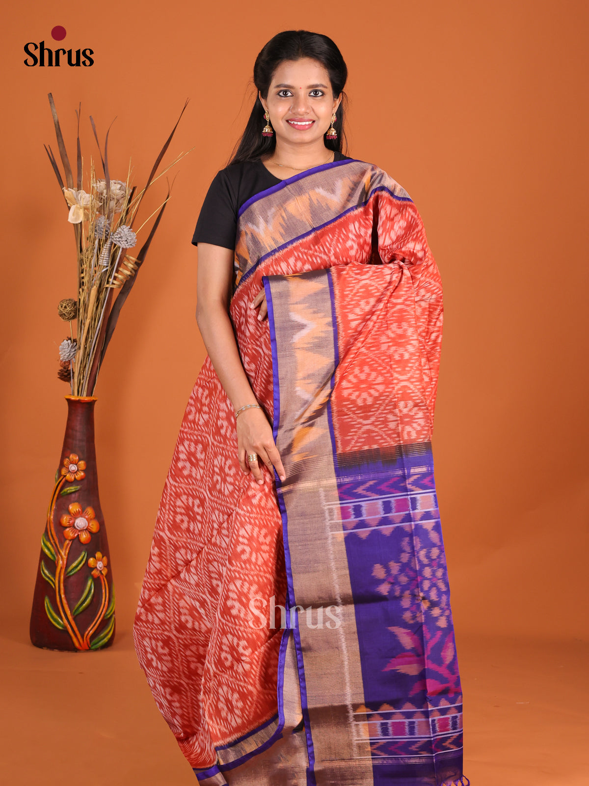 Elegant Brick Pochampally Silk Cotton Saree With Blue Floral Ikat Pallu