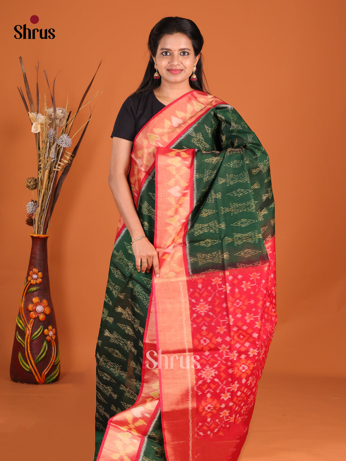Classy Green Pochampally Silk Cotton Saree with Ikat Design & Red Floral Pallu