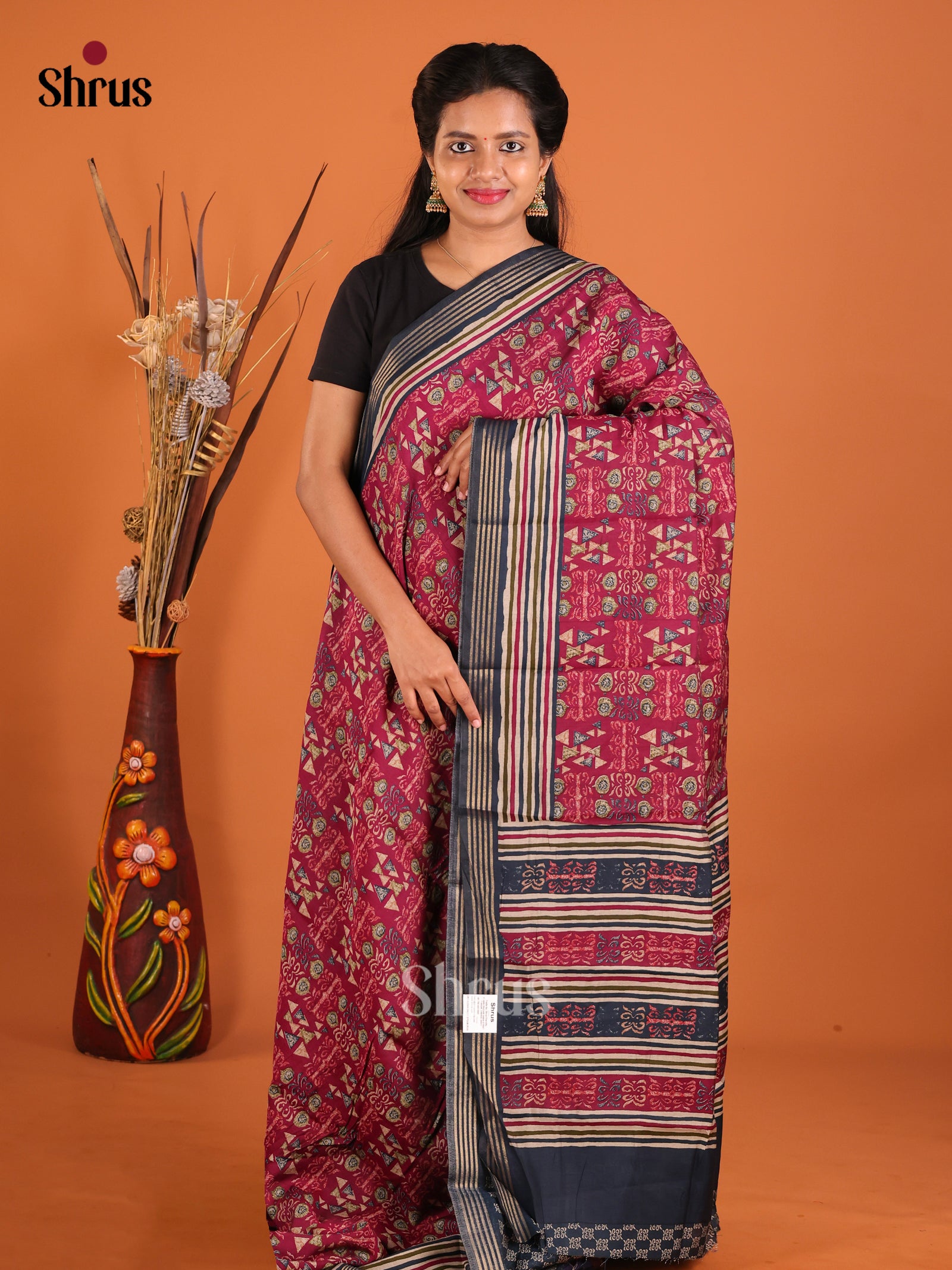 Maroon & Blue - Art Modal Saree - Shop on Shrus.com