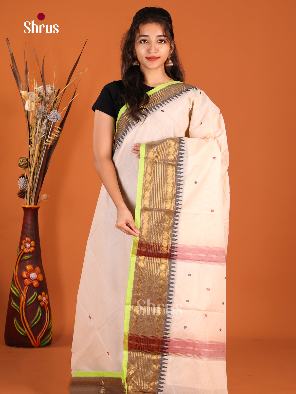 Cream & Green- Chettinad Cotton Saree