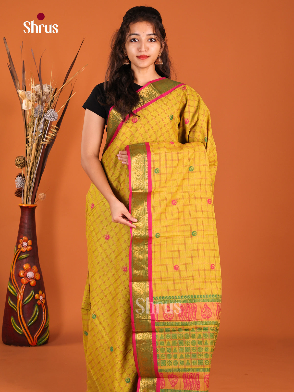 Mustardy Green & Pink - Chettinad Cotton Saree
