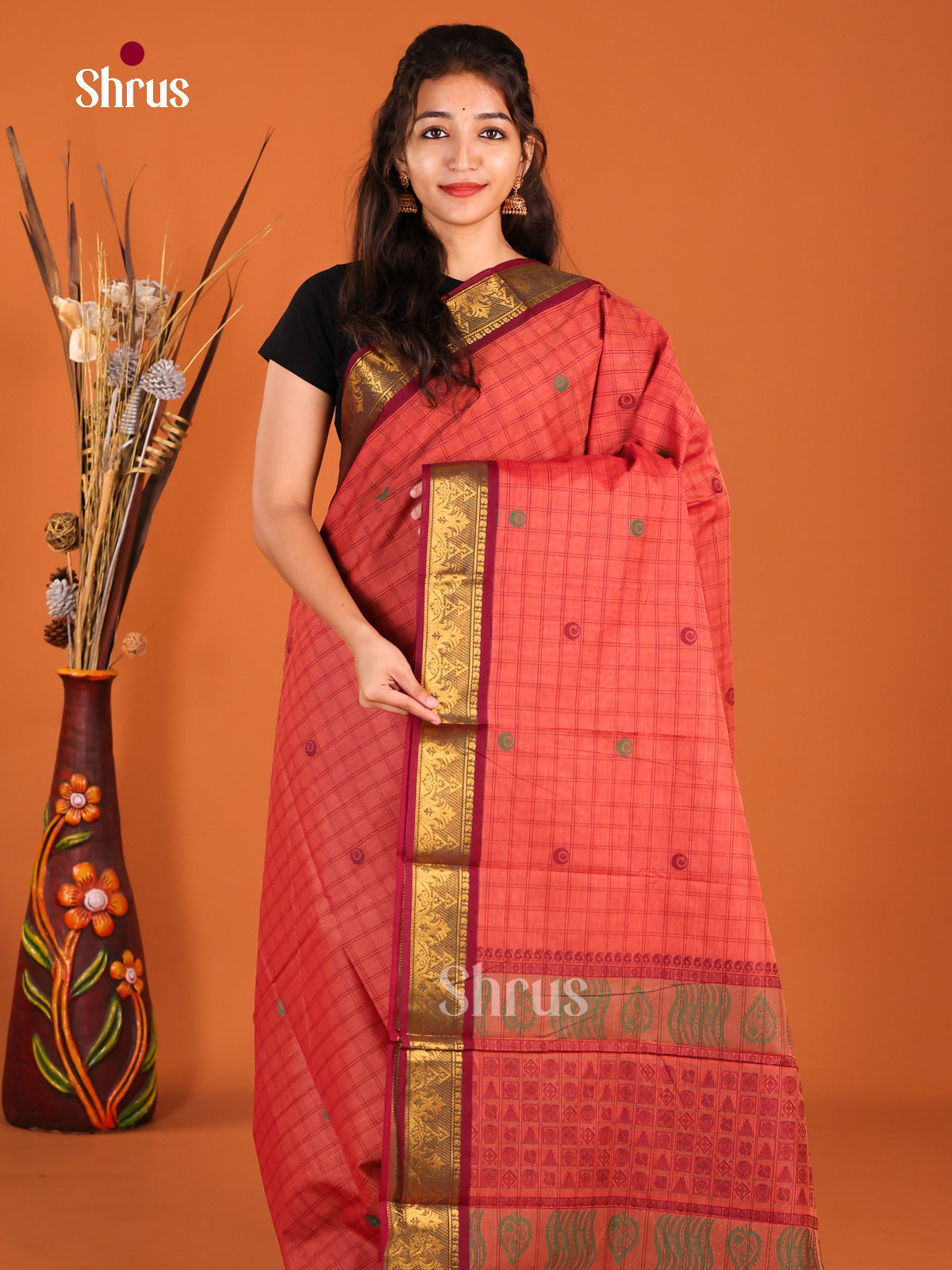 Peachish Pink & Maroon- Chettinad Cotton Saree