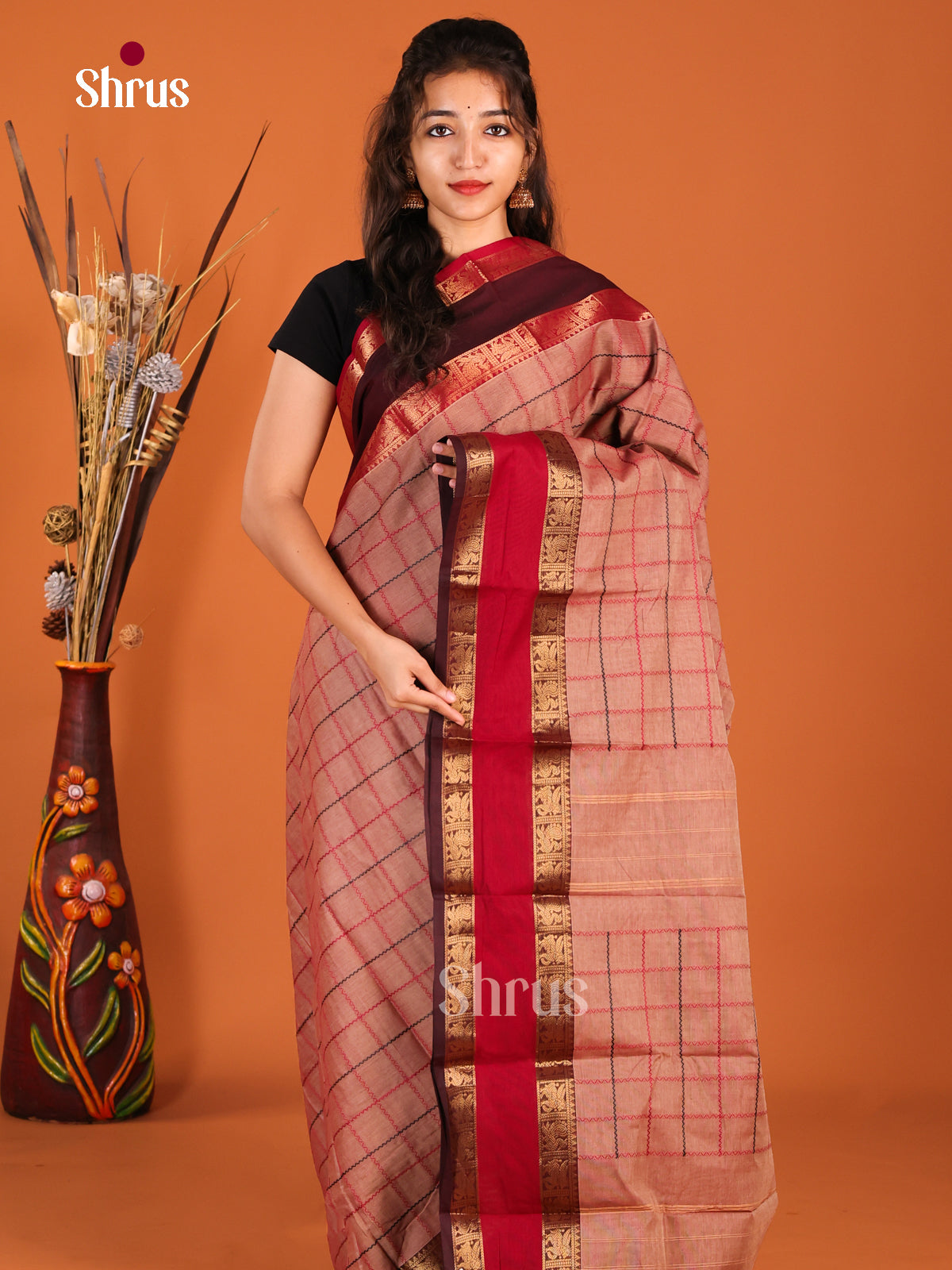 Light Brown & Maroon- Chettinad Cotton Saree