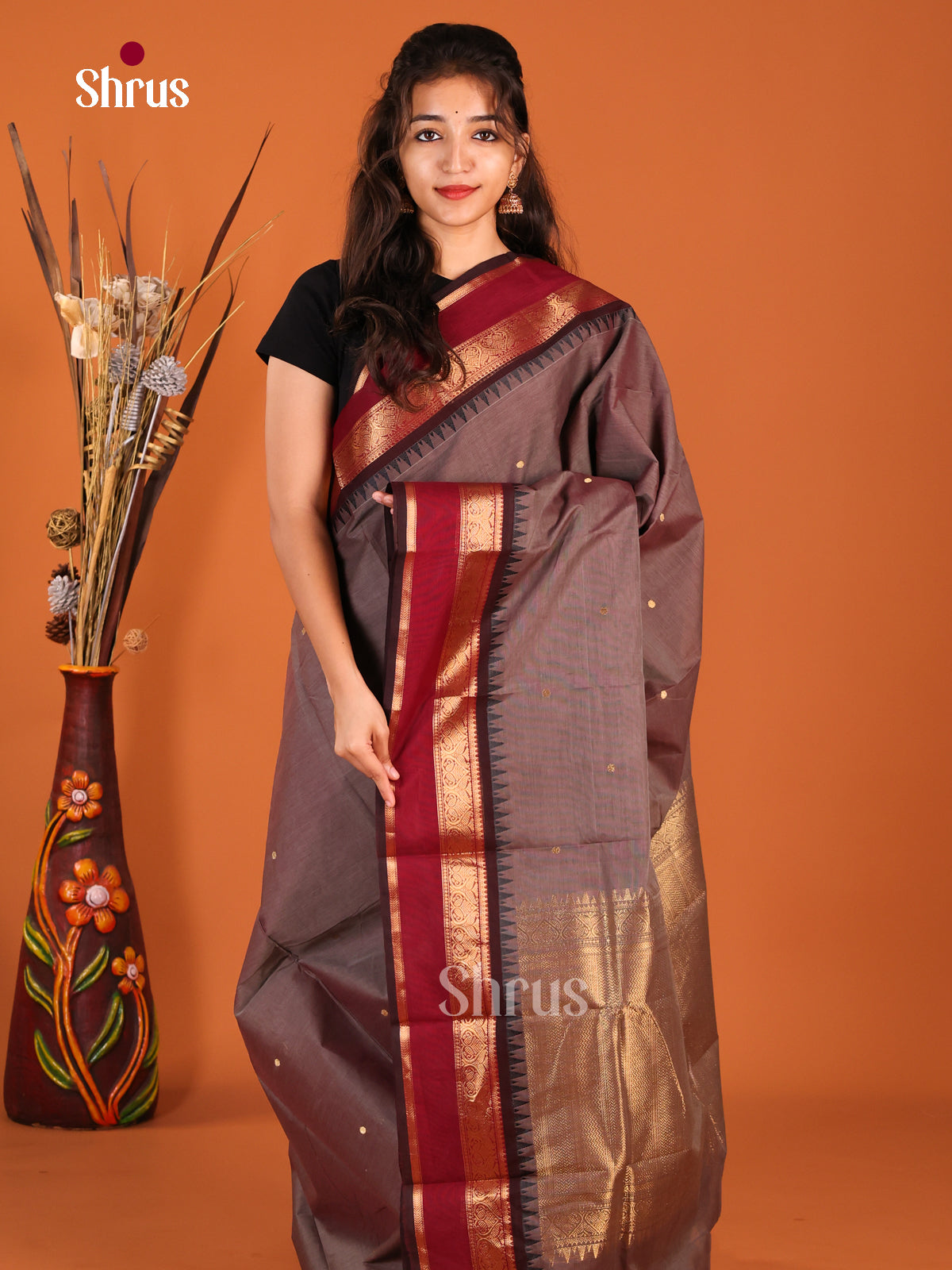 Grey & Maroon- Chettinad Cotton Saree