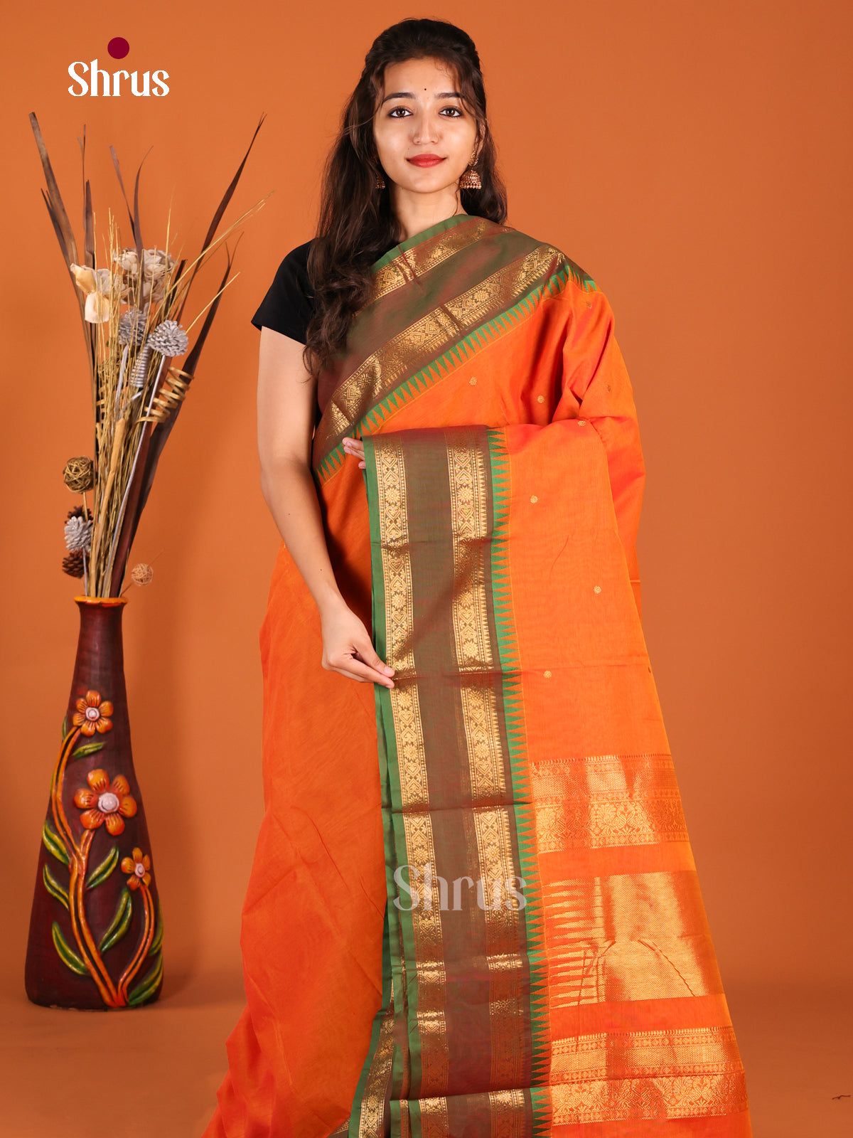 Orange & Green- Chettinad Cotton Saree