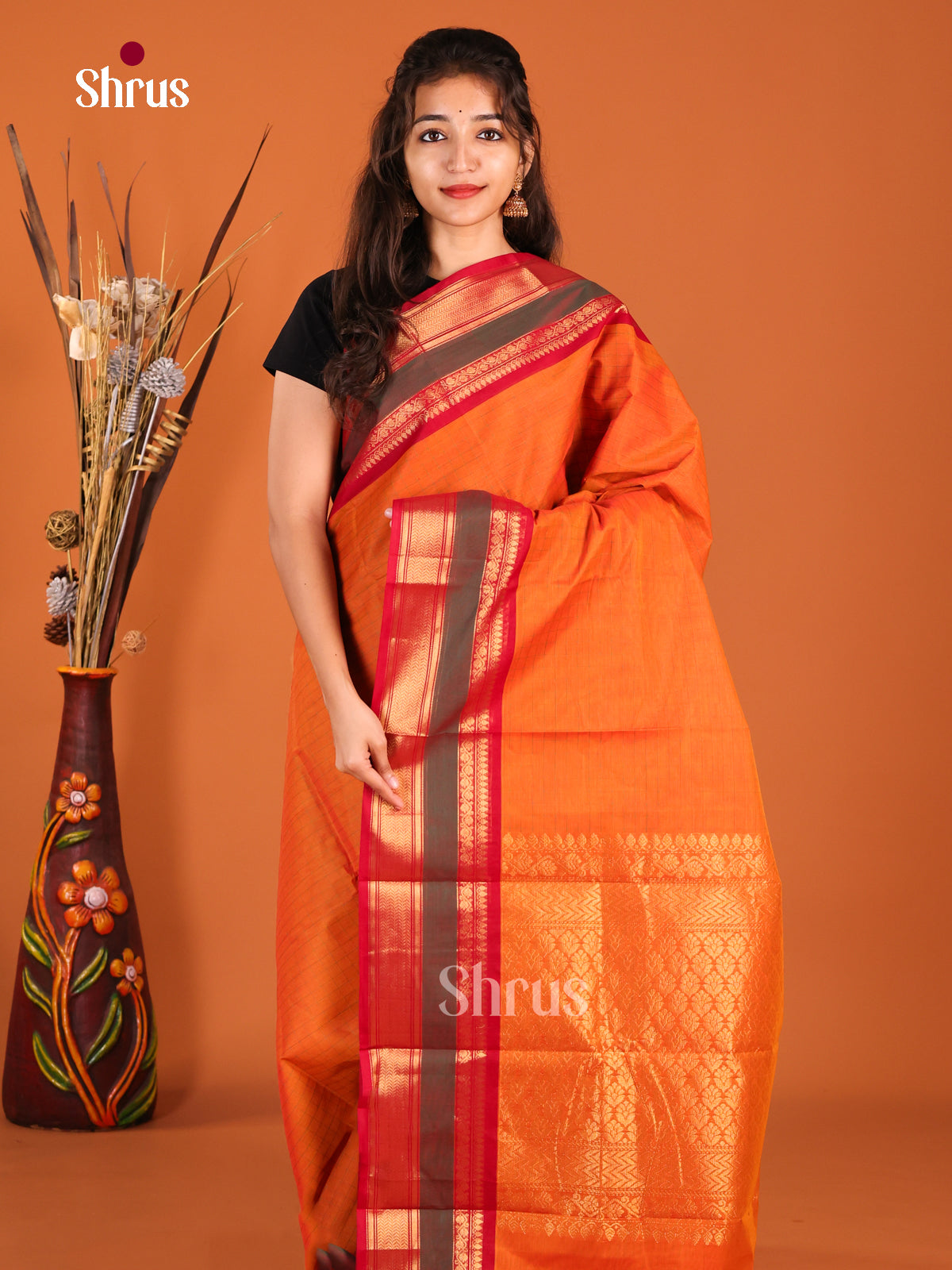 Orange & Red - Chettinad Cotton Saree