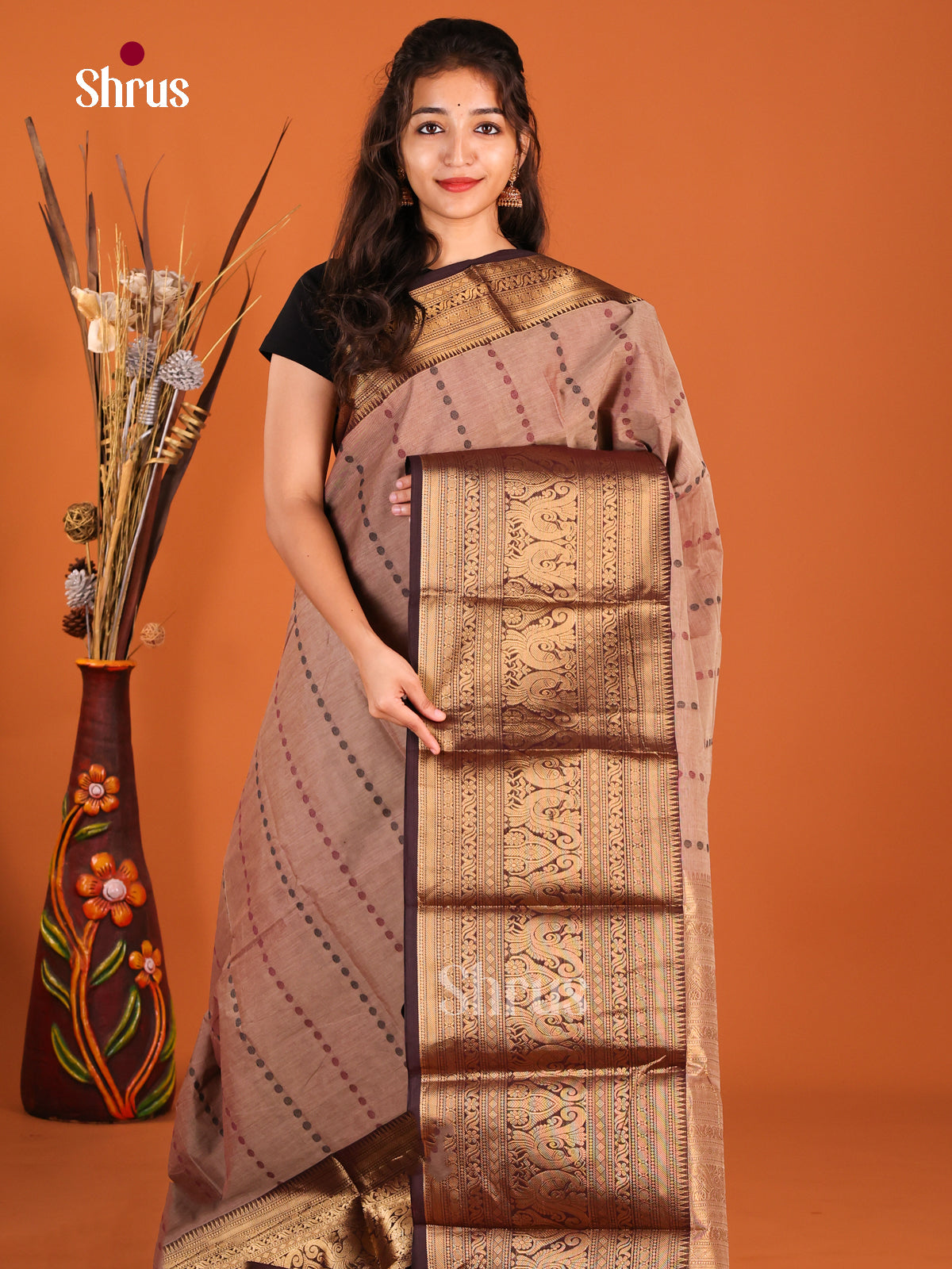 Light Brown & Brown - Chettinad Cotton Saree