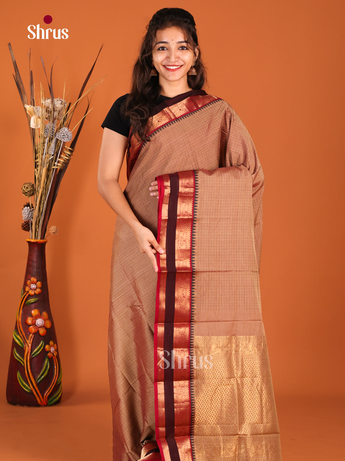 Light Brown & Red - Chettinad Cotton Saree