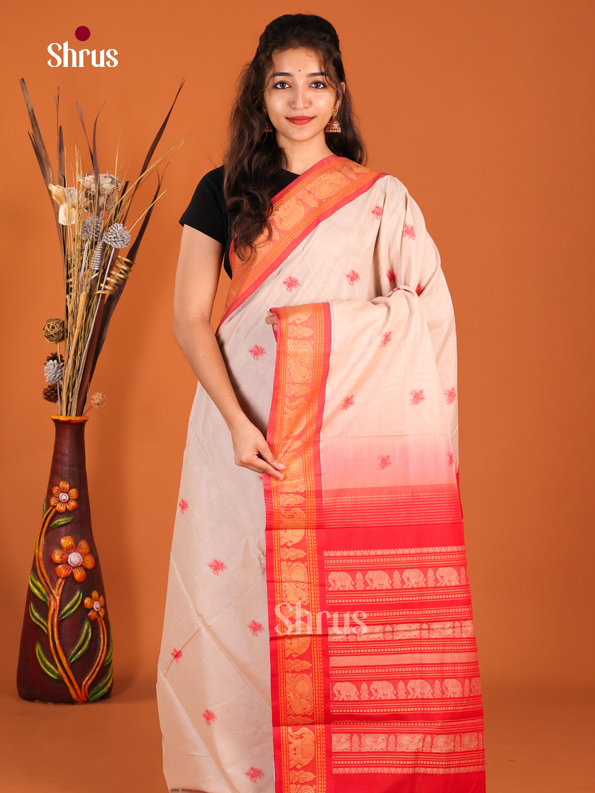 Cream & Red - Chettinad Cotton Saree