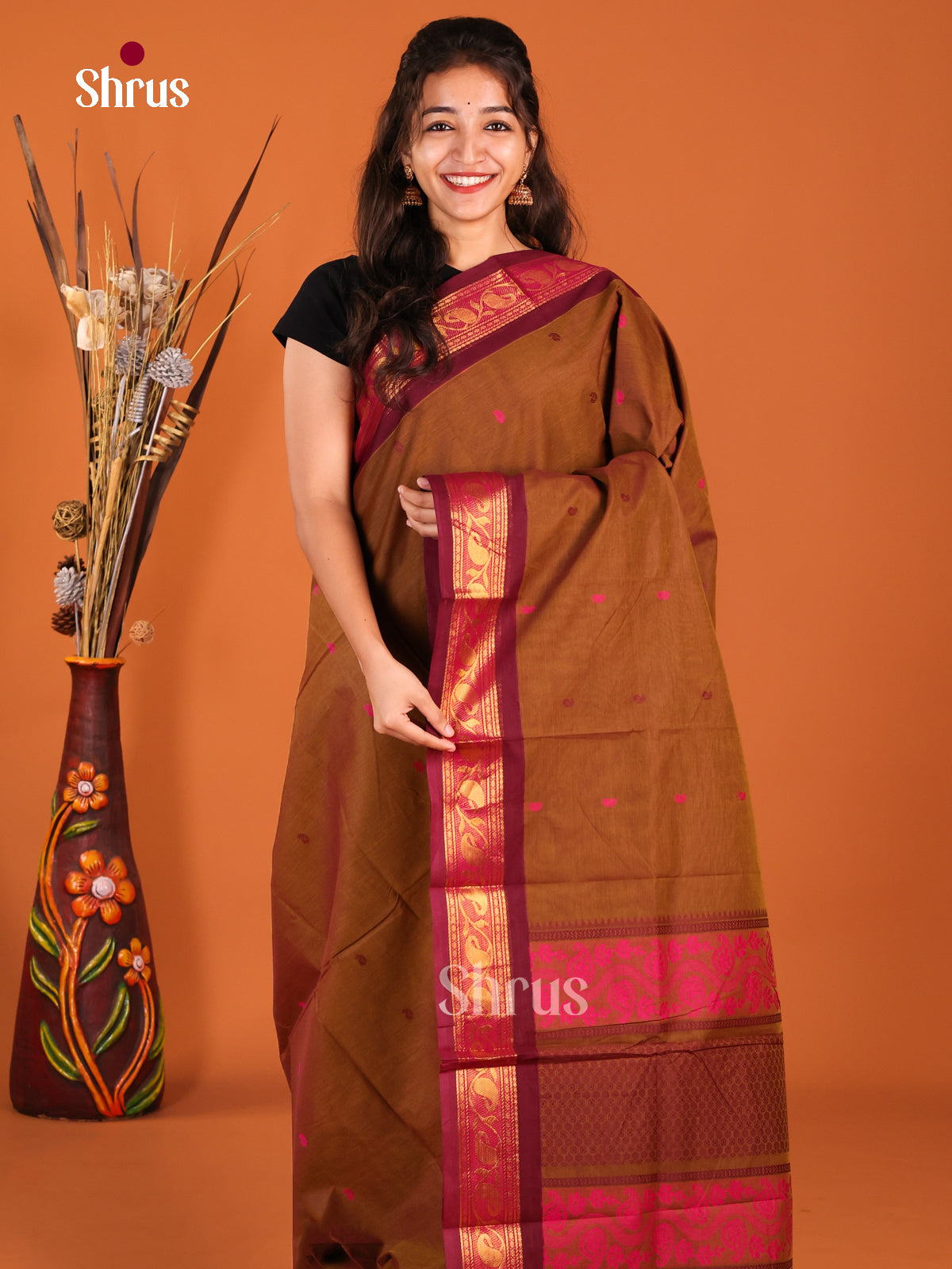 Brown & Maroon - Chettinad Cotton Saree