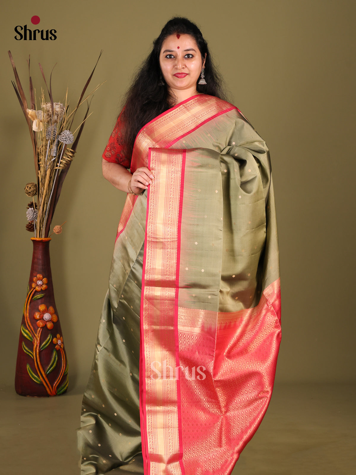 Graceful Greenish Grey Soft Silk Saree with Golden Buttas & Pink zari border