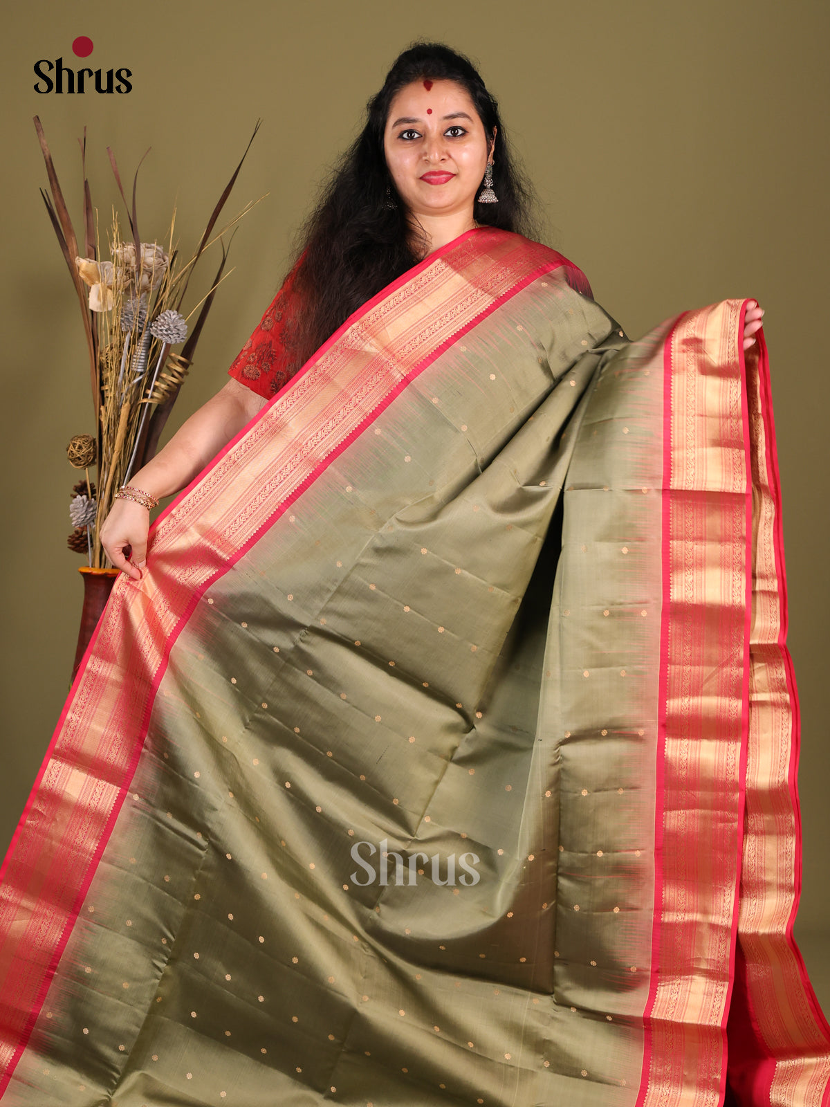 Graceful Greenish Grey Soft Silk Saree with Golden Buttas & Pink zari border -1