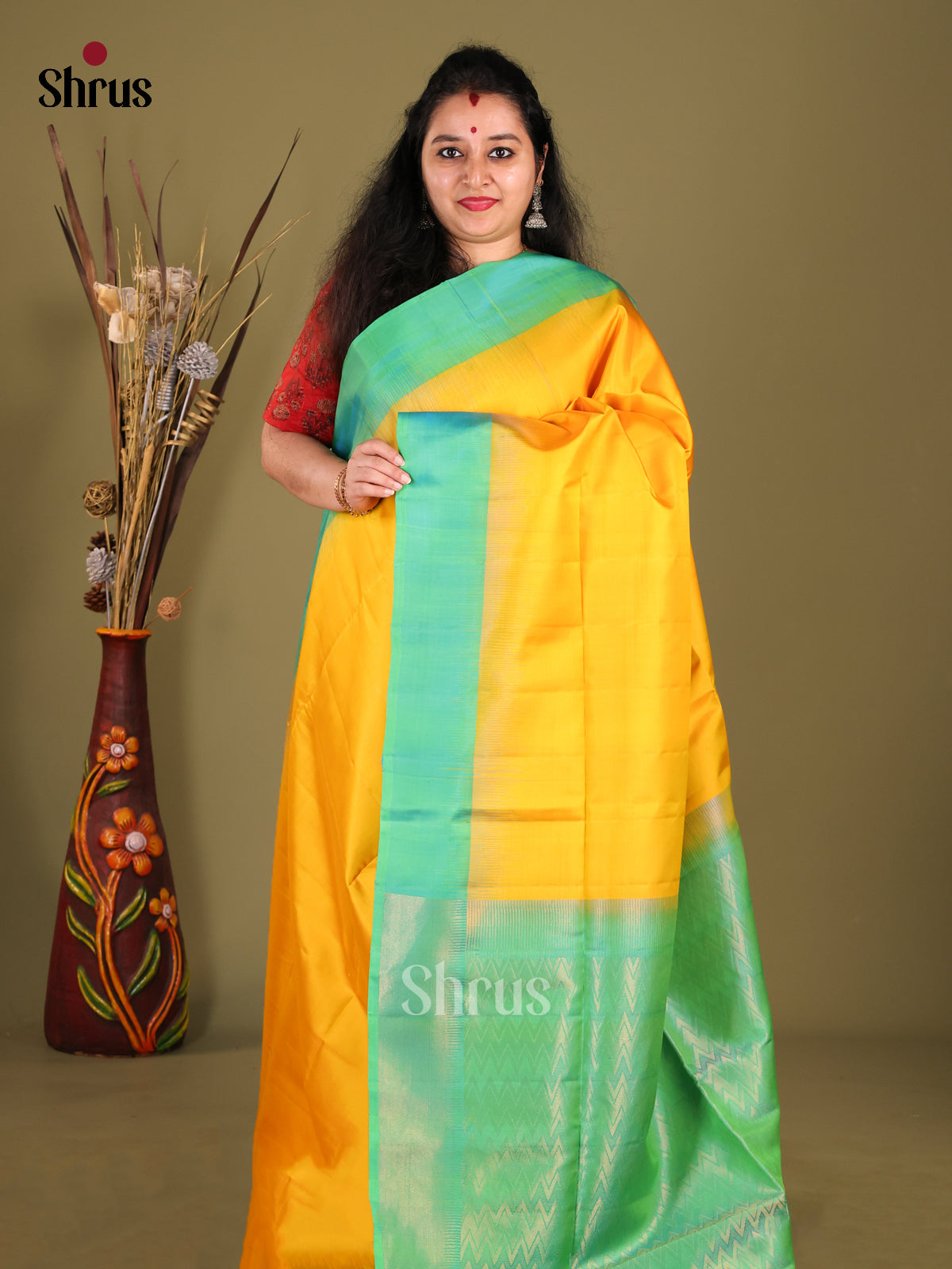 Bright Yellow Soft Silk Saree with Green border & Brocade Pallu